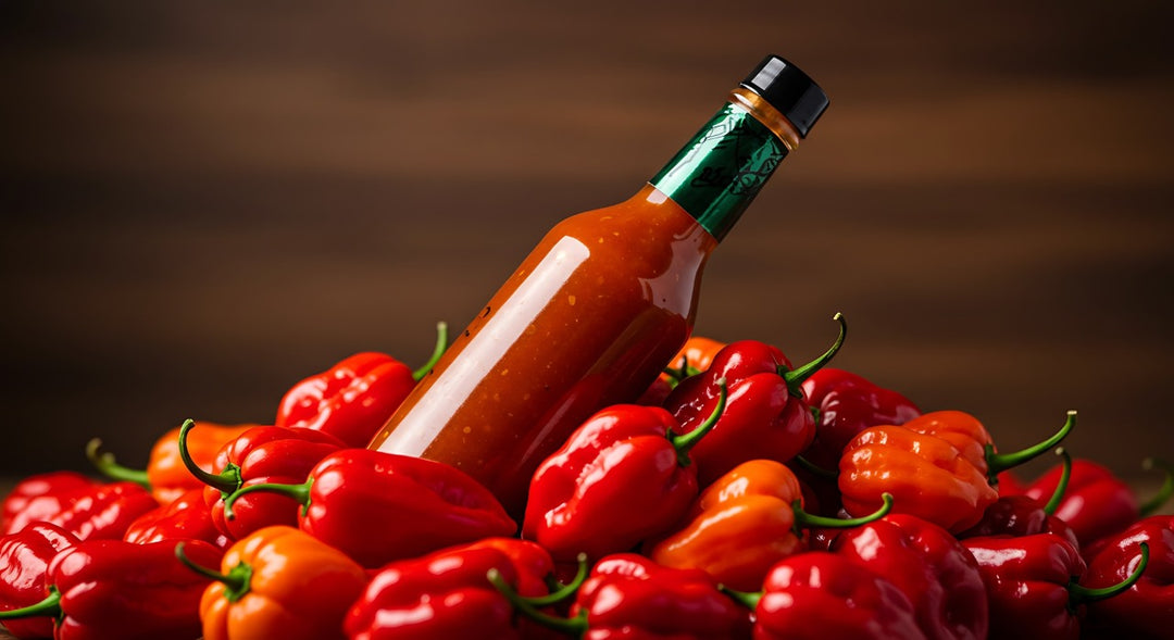  A bottle of hot sauce surrounded by peppers