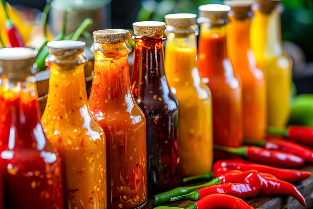 Bottles of hot sauce and peppers lined up on a table