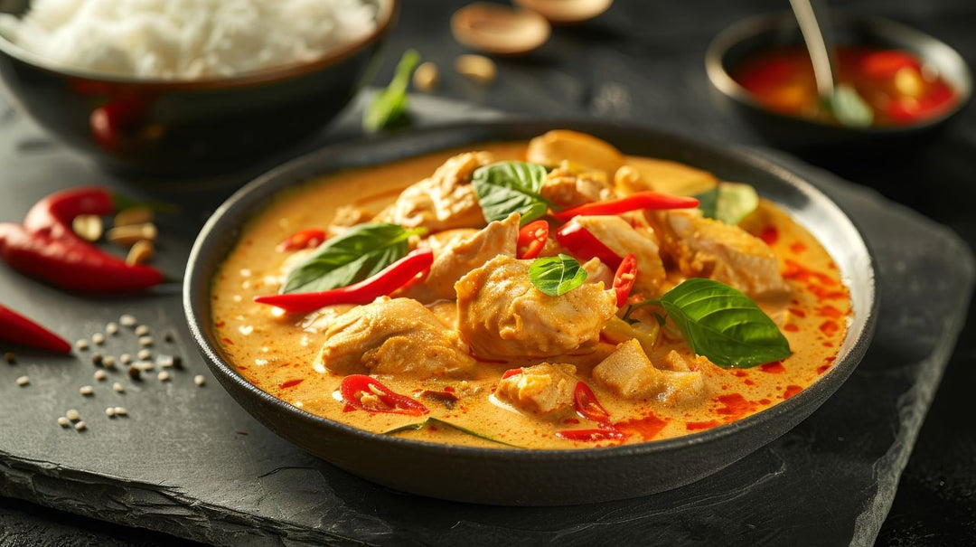 Spicy Thai curry with chicken and red pepper, served in a black bowl